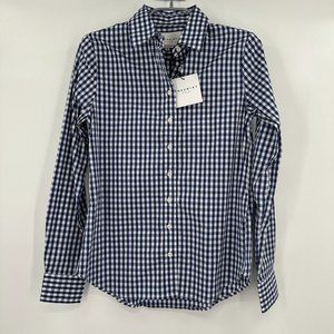Rochelle Behrens Navy Blue Gingham Long Sleeve Icon Button Down Shirt sz XS NWT